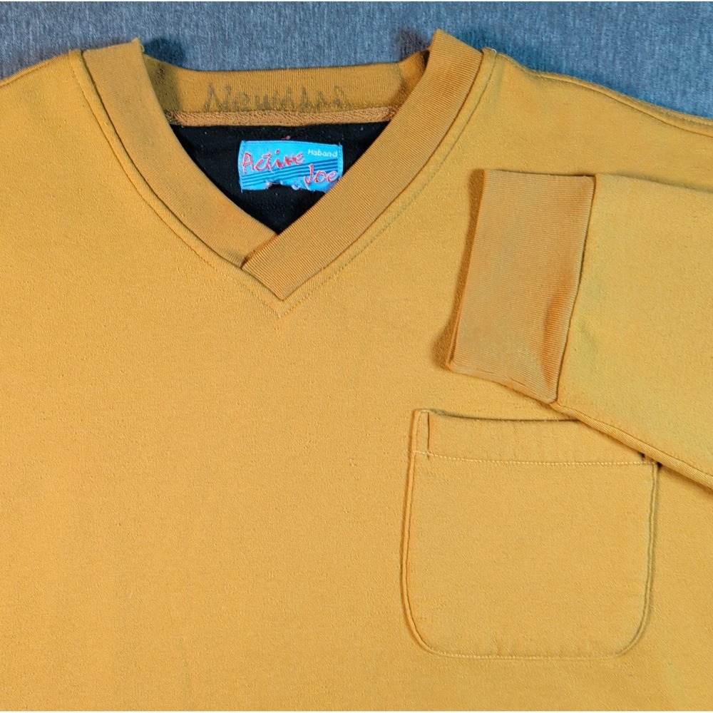 Vtg Active Joe V-Neck Sweatshirt Pullover Mustard Yellow Boxy Pocket Thick Gym